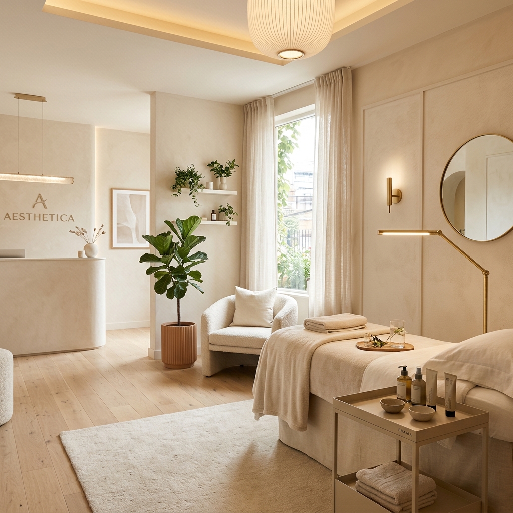 Chic modern minimalist brow cosmetics studio interior showing clean treatment space.