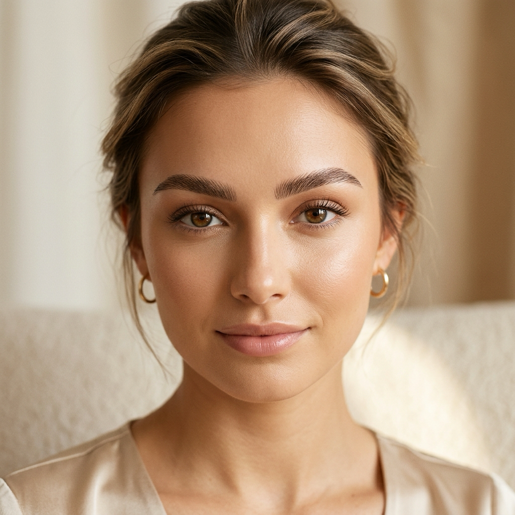 Editorial close up portrait of a model showcasing natural, feathered brow styling under warm soft studio lighting.