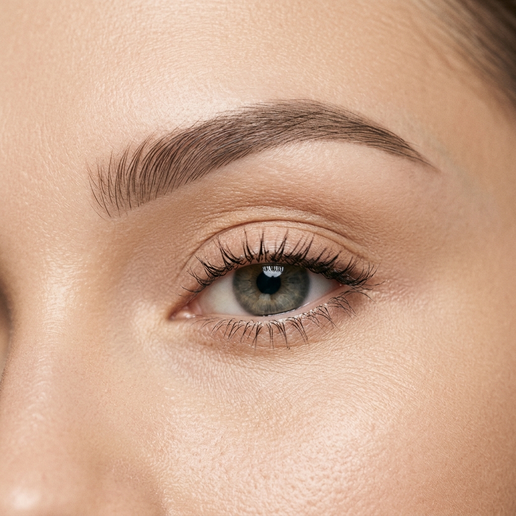 Close-up of model face showcasing soft mist brow shading layout.