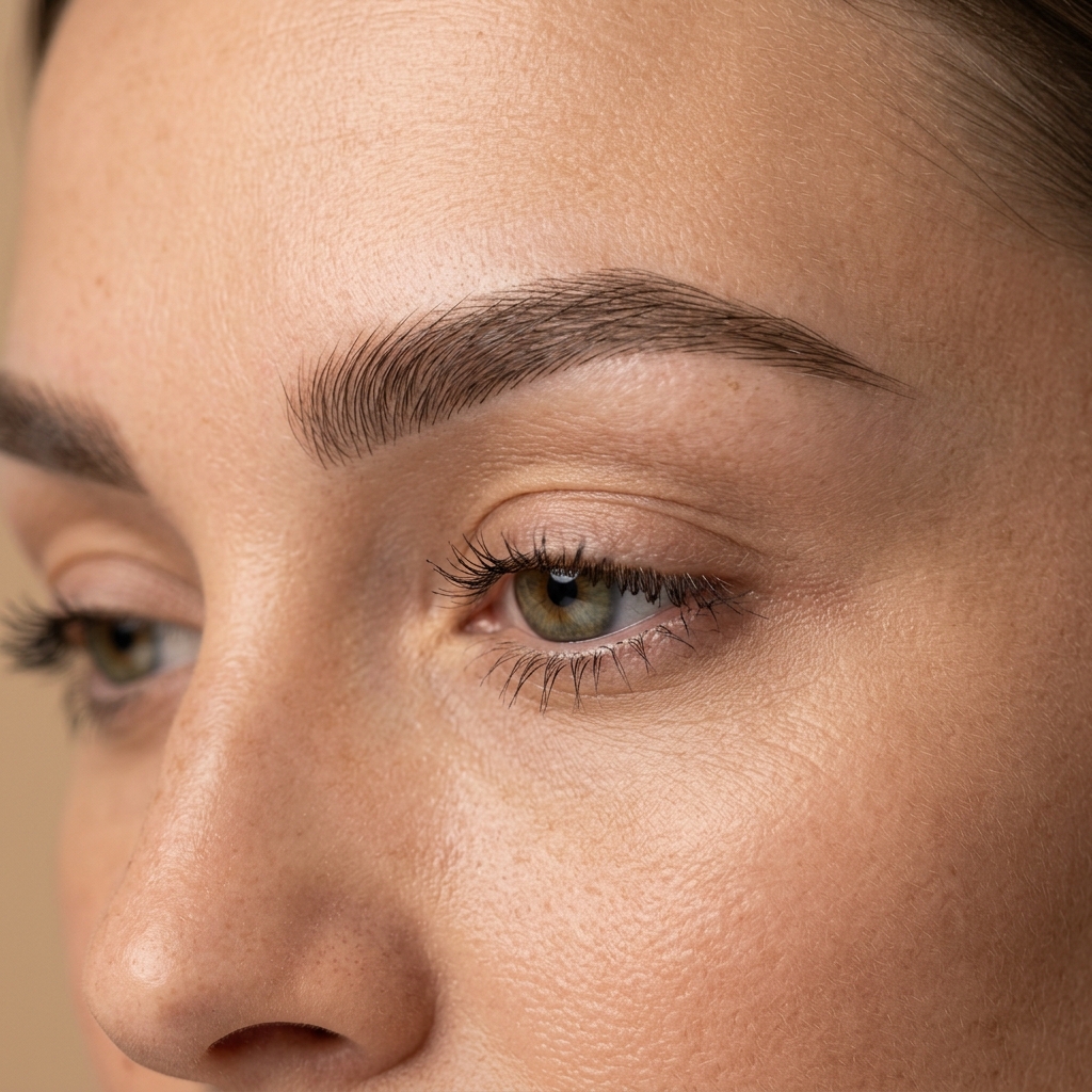 Macro beauty photography of fine manual microblading hair-strokes on organic skin.