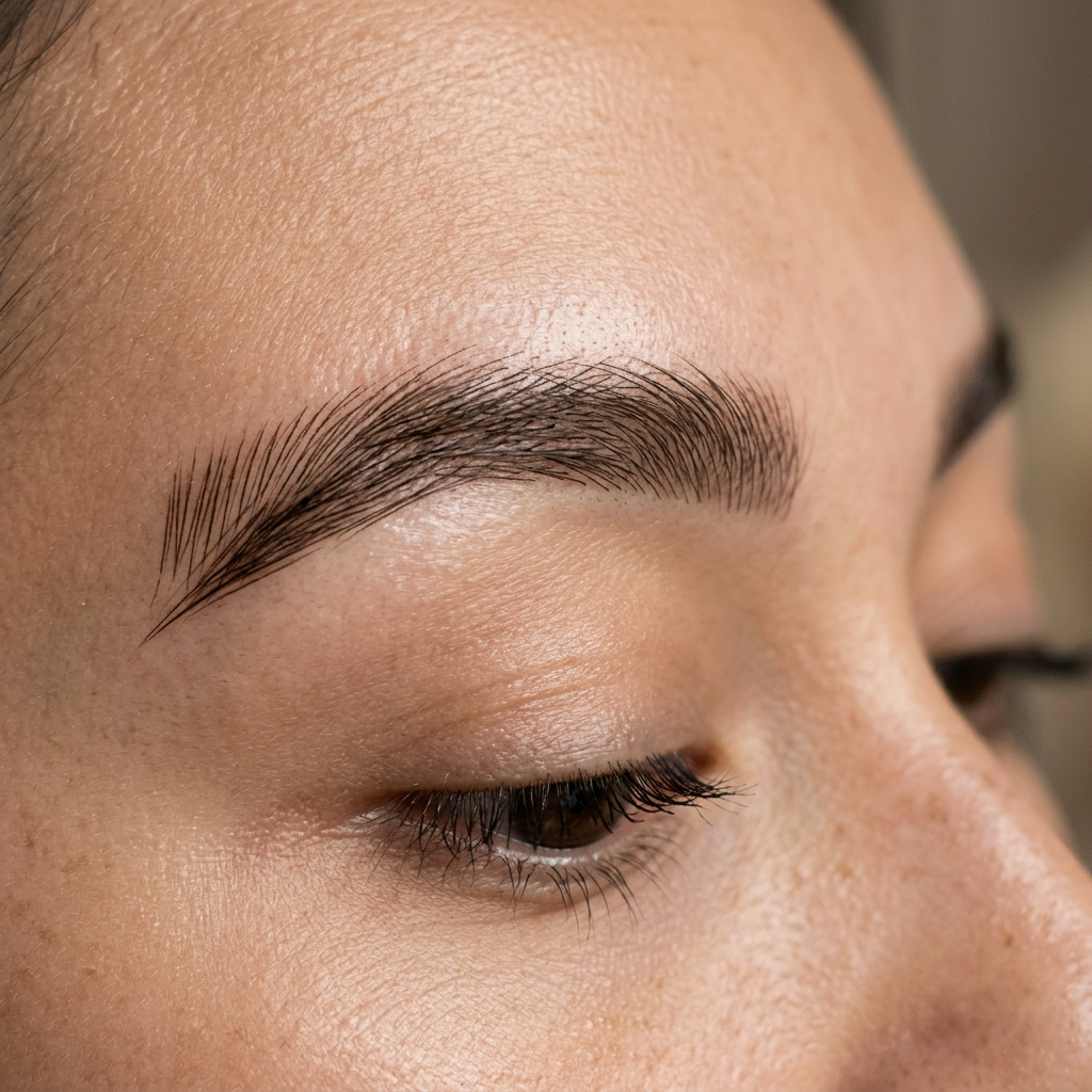 Close up photography detailing nano brow hairstrokes illustrating clean retention and natural skin integration.