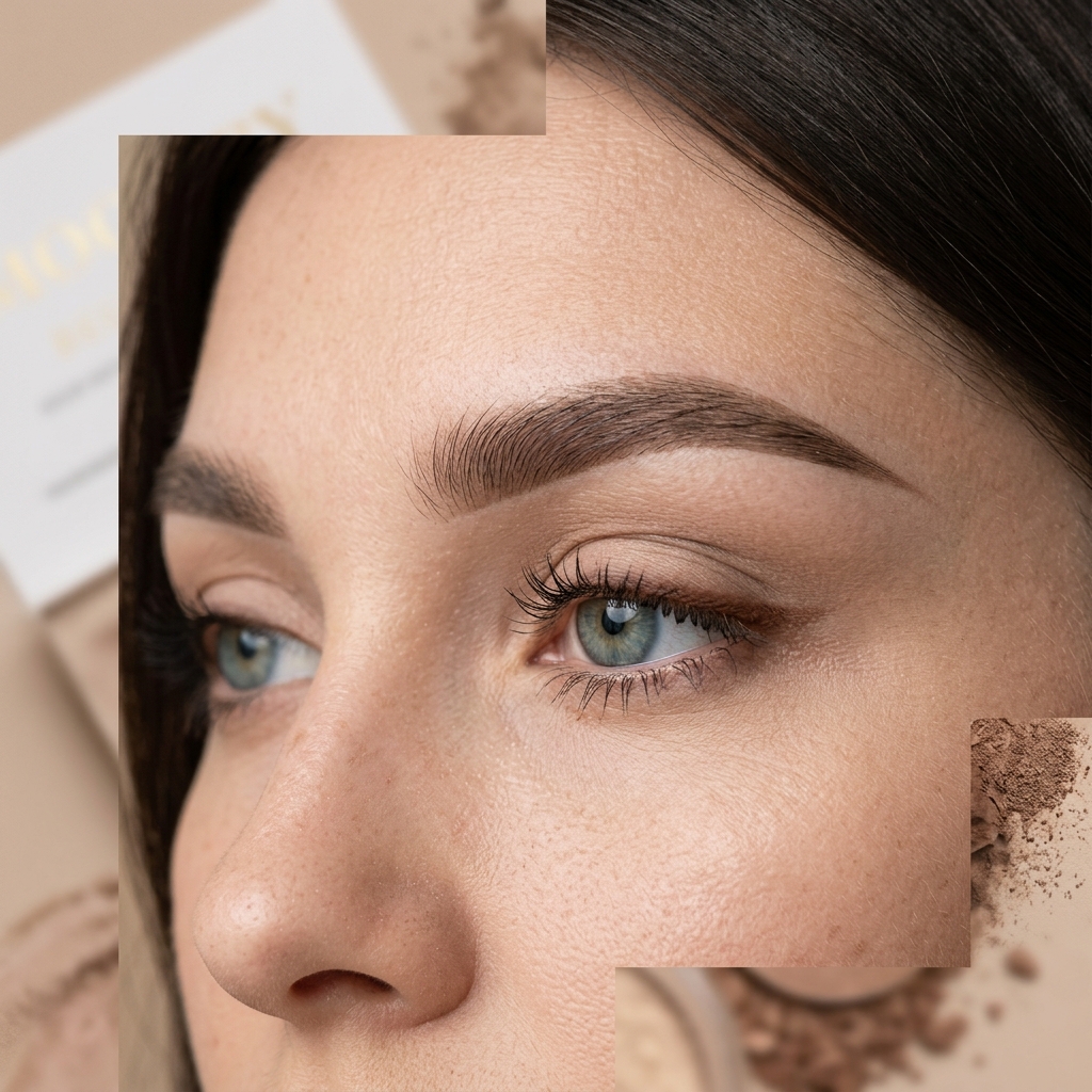 Macro beauty photography of a model eye and eyebrow showing ombre brows shading.