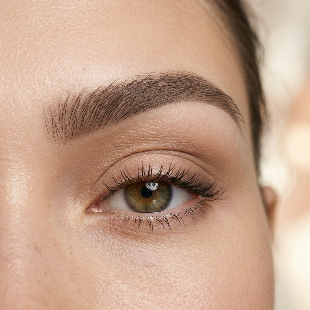 Macro shot of a model's eye and brow detailing the soft, pixelated ombre shading of a powder brow technique.